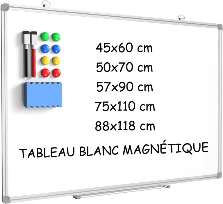 DOLLAR BOSS Tableau blanc, Tableau blanc magnétique 50x70cm suspendu au mur, Cadre en aluminium Whiteboard, Tableau effaçable à sec, dos en métal robuste, avec marqueurs et effaceur